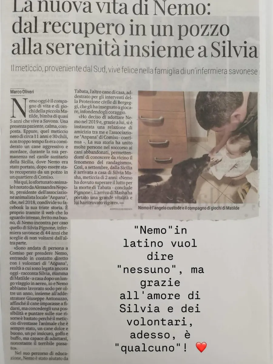 Articolo di giornale: La nuova vita di Nemo, dal recupero in un pozzo alla serenità insieme a Silvia